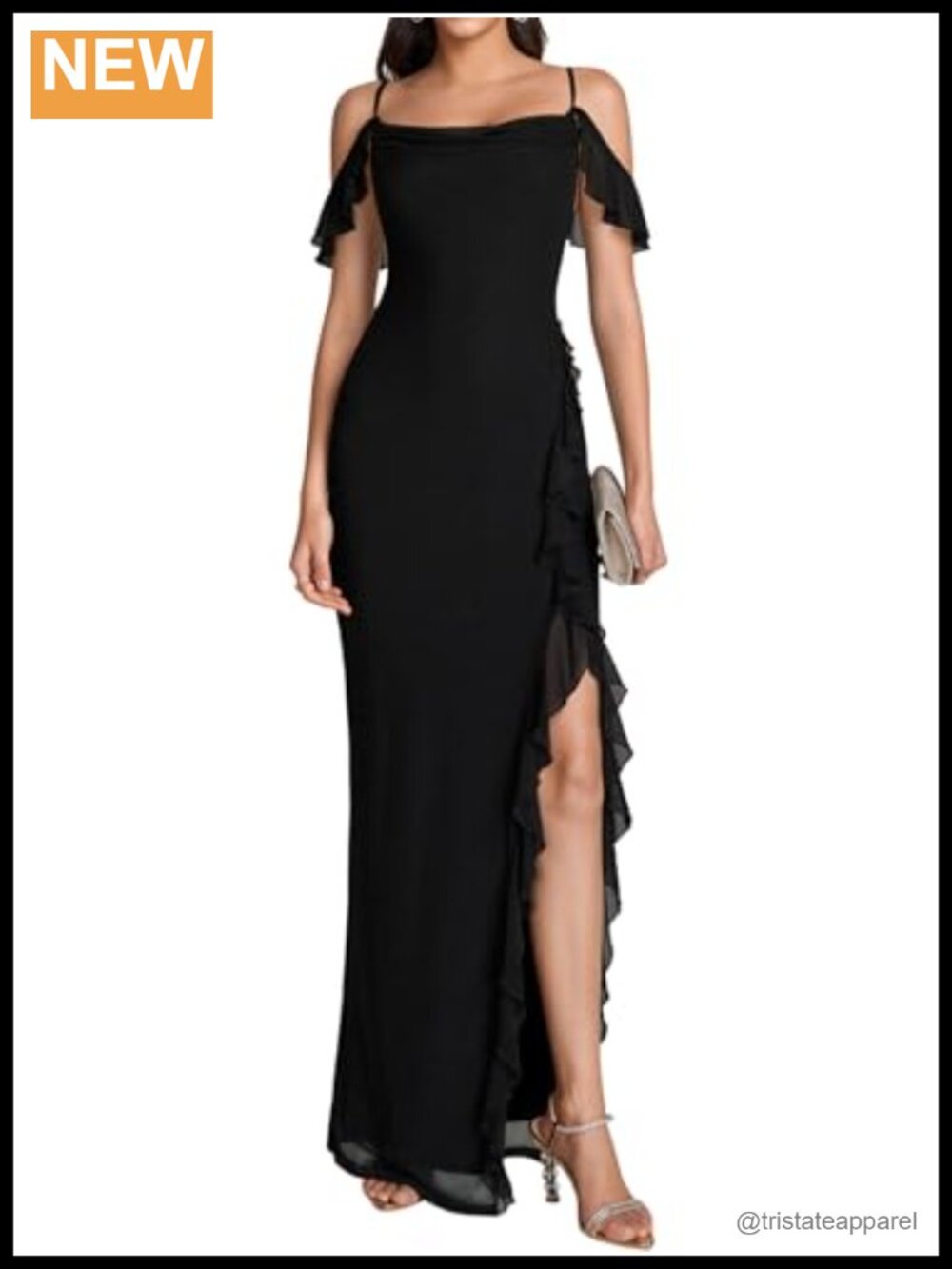 KUTUMAI Women Floral Ruffle Long Formal Wedding Guest Dress Cowl Neck High Slit
